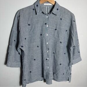 Ellison Blue and White Pinstripe Button-Down Cotton Shirt with Navy Embroidery